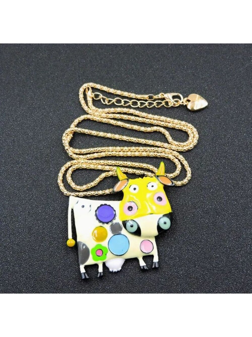 Necklace Yellow Enamel Cow Pendant Gold Tone